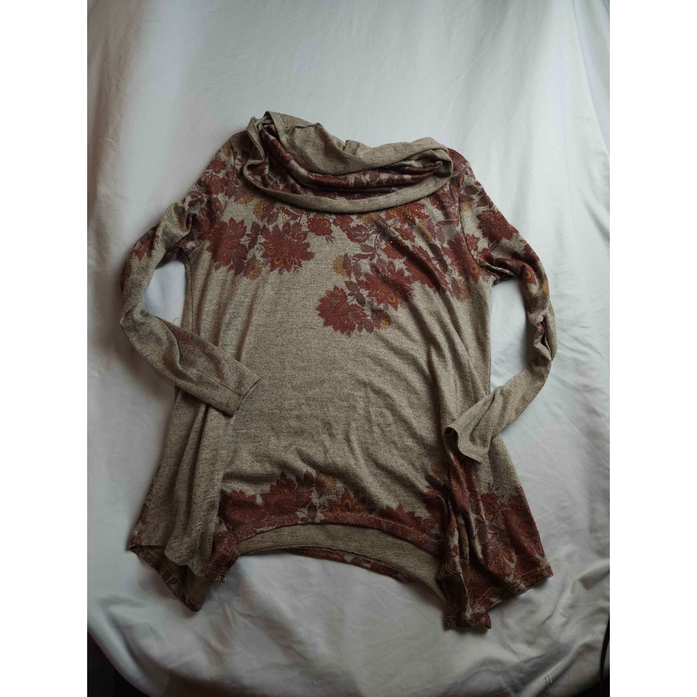 One World Sweater Womens Large Brown Knit Floral Studded Pullover Cowl Neck